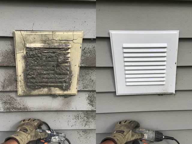 Lakewood Dryer Vent Cleaning technician installing high-quality dryer vent cover at a residential property in Lakewood